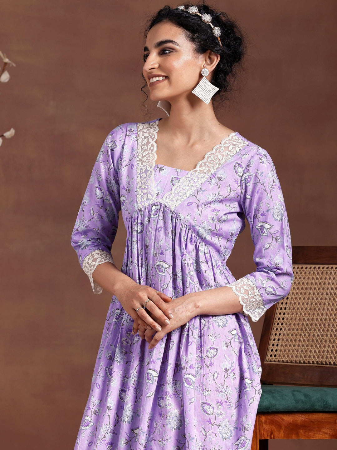 Lavender Printed Cotton Fit and Flare Dress - Libas 