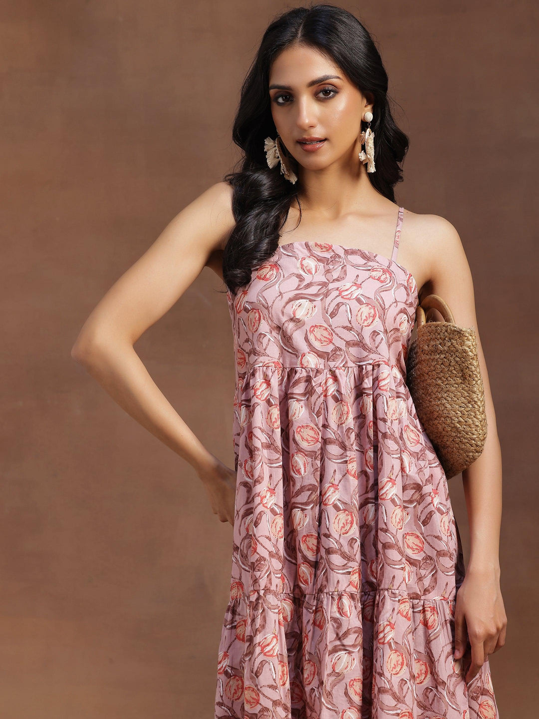 Peach Printed Cotton Fit and Flare Dress - Libas 