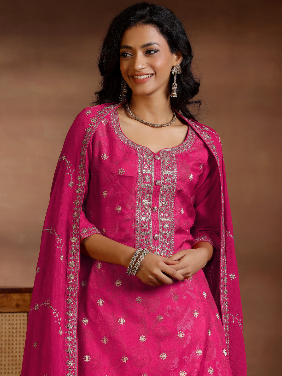  Pink Woven Design Silk Blend Straight Suit With Dupatta 