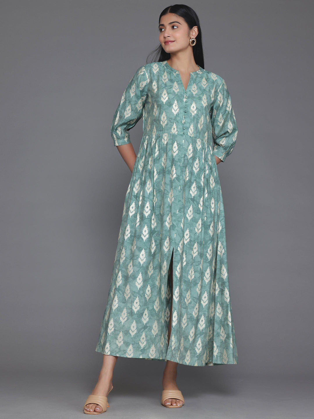 Green Printed Silk Fit and Flare Dress - Libas 