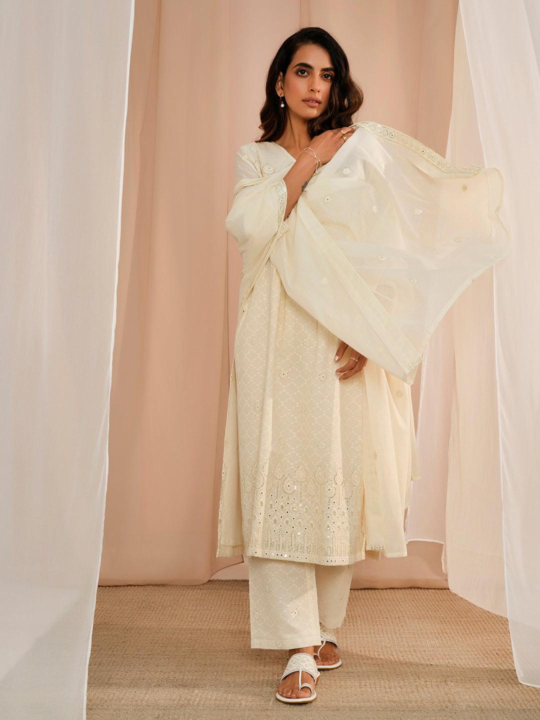 Off White Embroidered Cotton A-Line Kurta With Trousers & Dupatta - Libas 