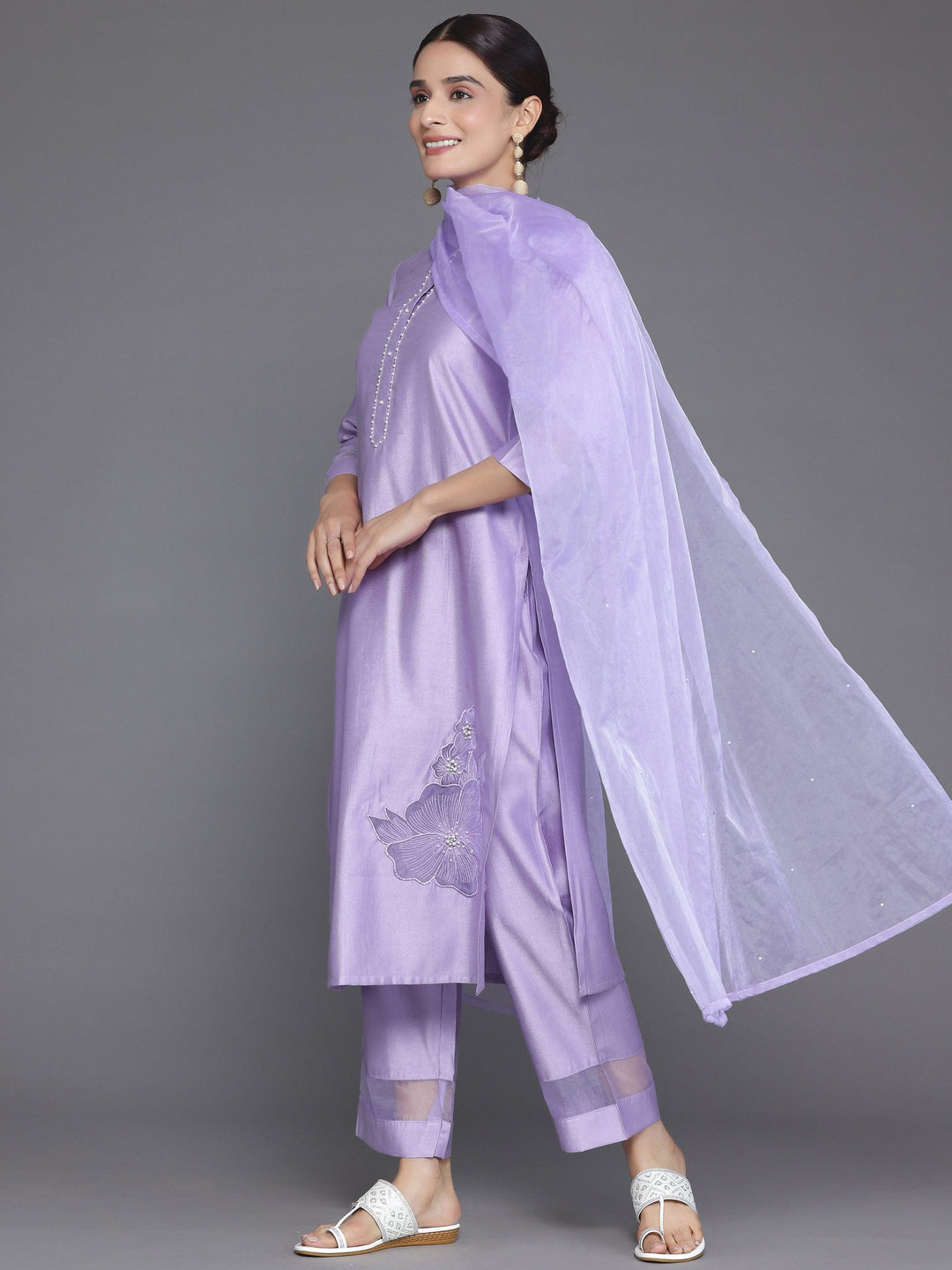 Lavender Solid Silk Blend Straight Suit With Dupatta - Libas