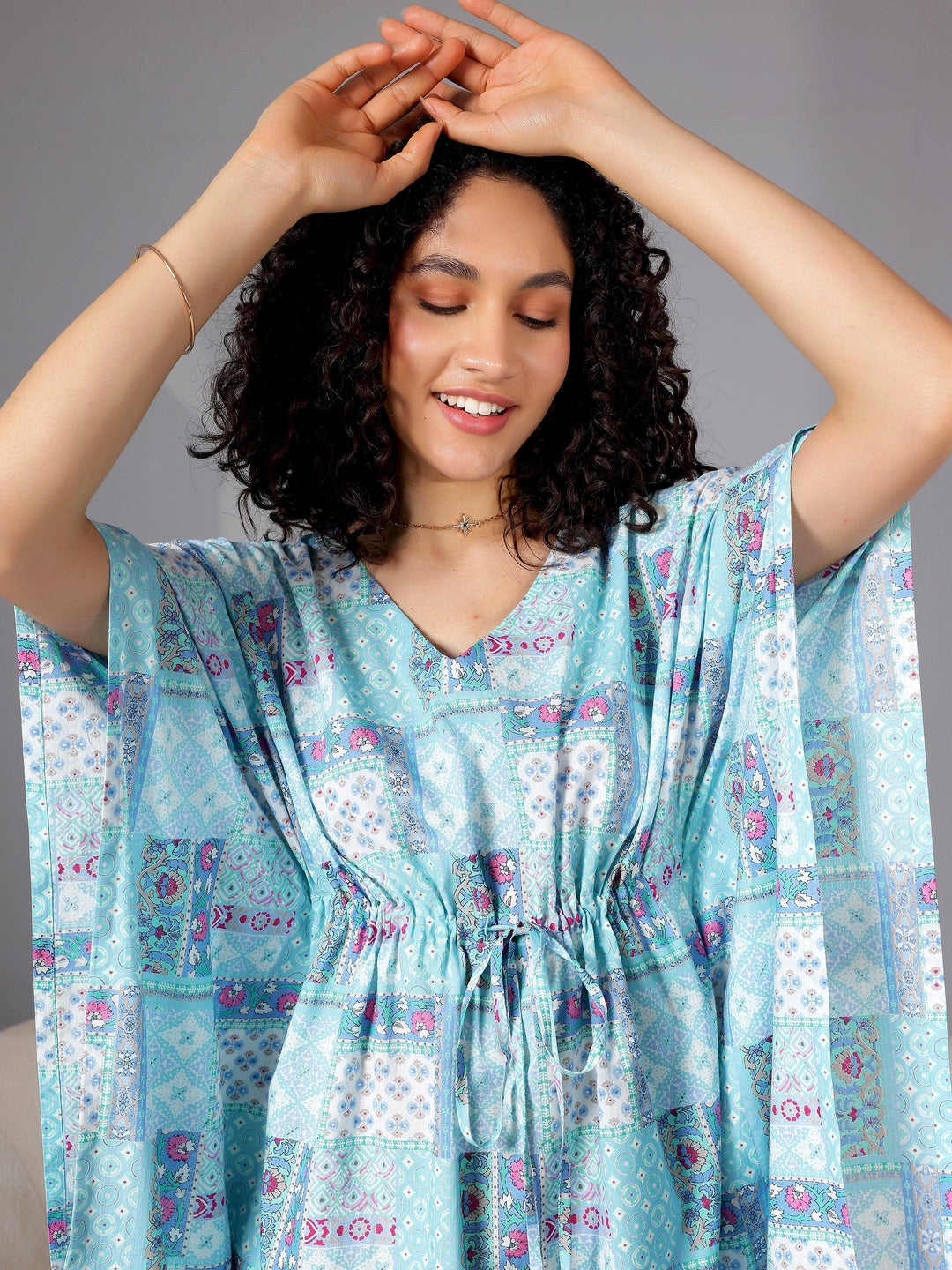 Blue Printed Cotton Kaftan Night Dress - Libas 