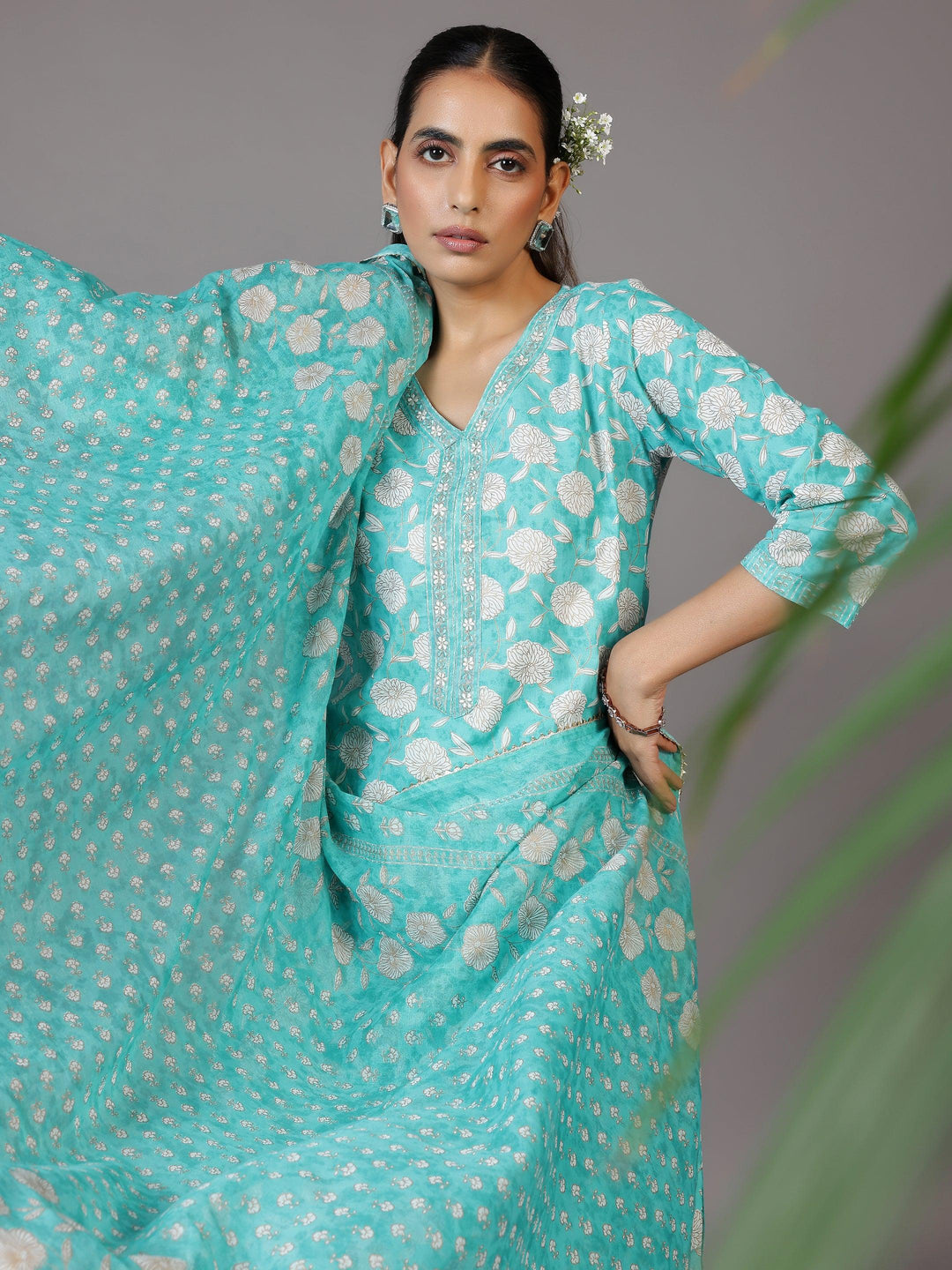 Turquoise Printed Cotton Straight Suit With Dupatta - Libas 