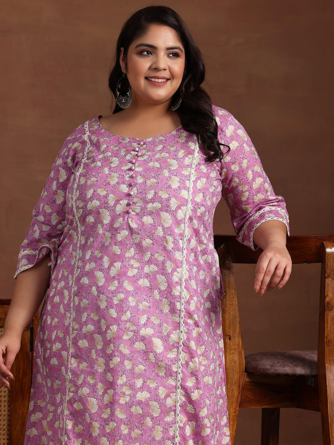 Plus Size Purple Printed Cotton A-Line Kurta - Libas 