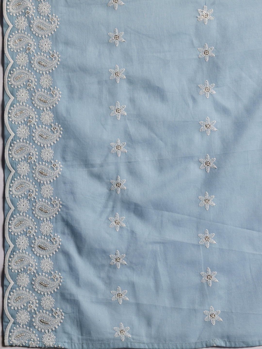 Blue Embroidered Cotton A-Line Kurta With Palazzos & Dupatta - Libas 