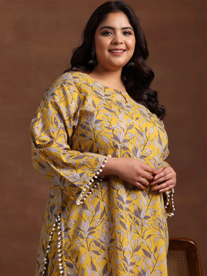 Plus Size Mustard Printed Cotton Pathani Kurta With Salwar - Libas