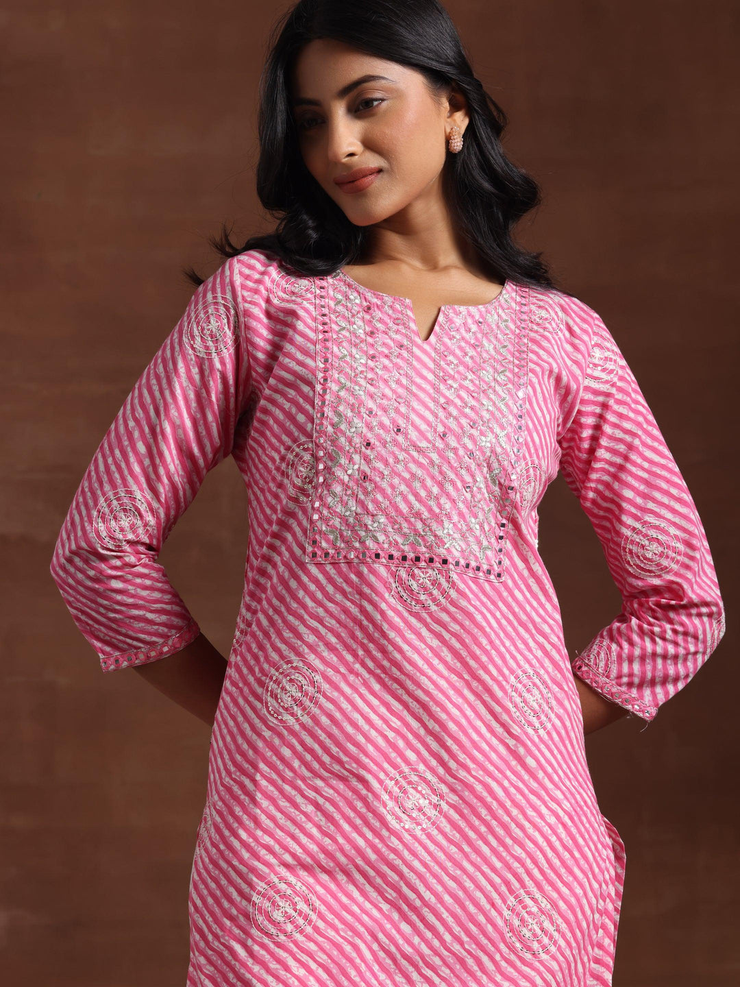 Pink Printed Cotton Straight Kurta Set - Libas 