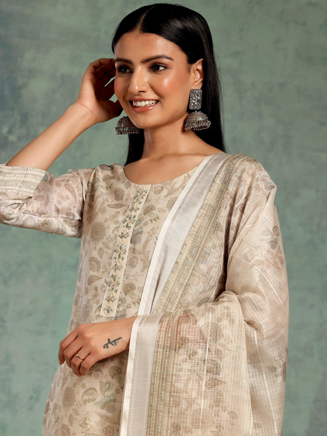 Beige Printed Chanderi Silk Straight Suit With Dupatta - Libas 