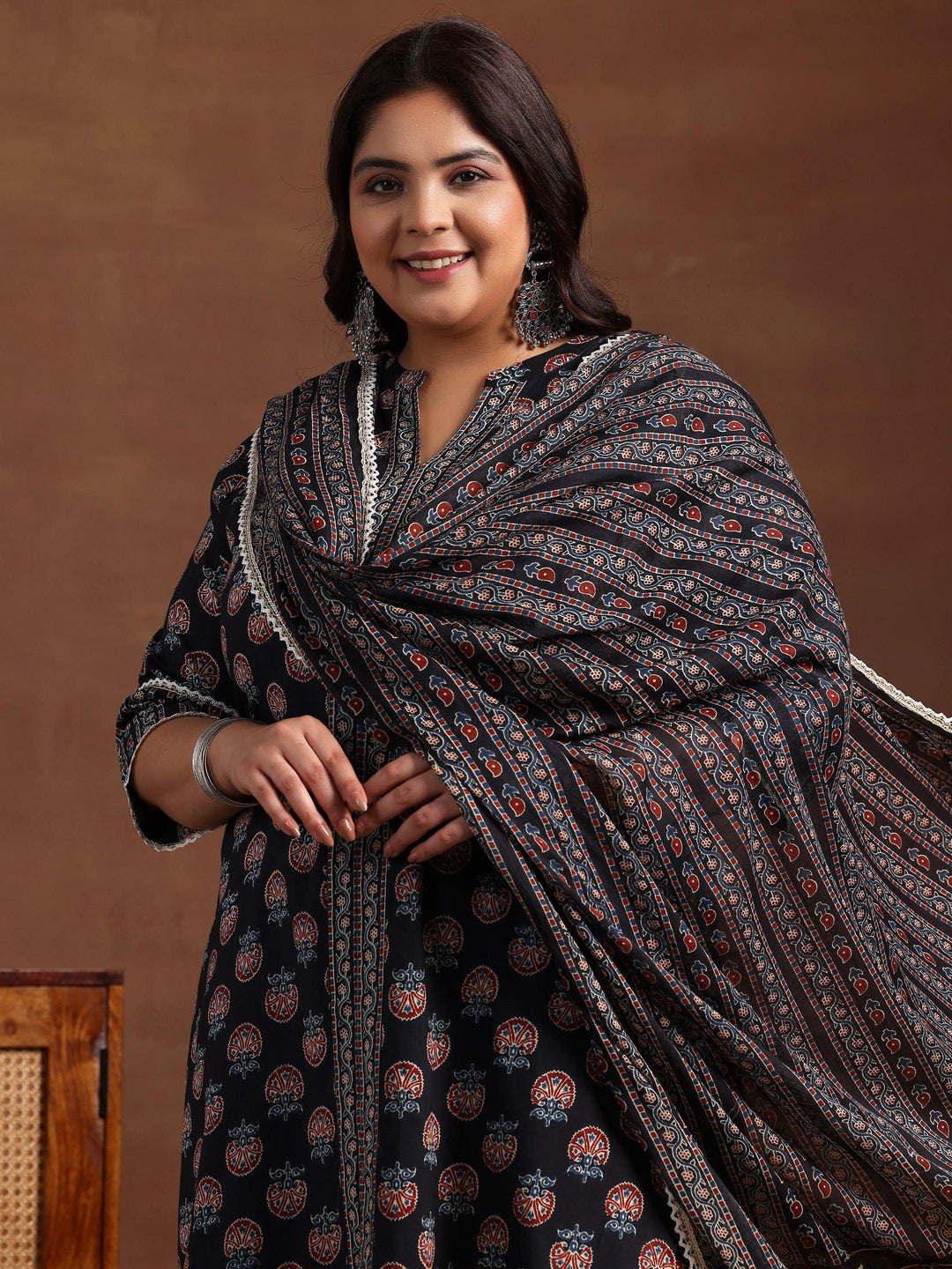 Plus Size Black Printed Cotton Straight Suit With Dupatta - Libas