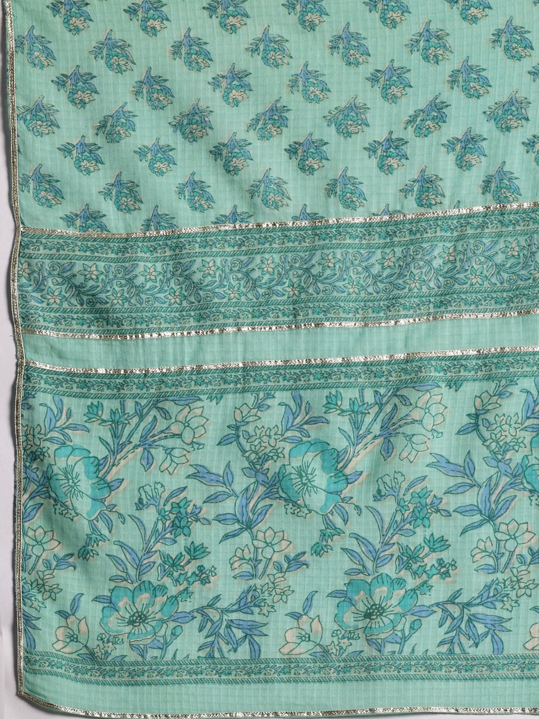 Turquoise Printed Cotton A-Line Kurta With Palazzos & Dupatta - Libas 