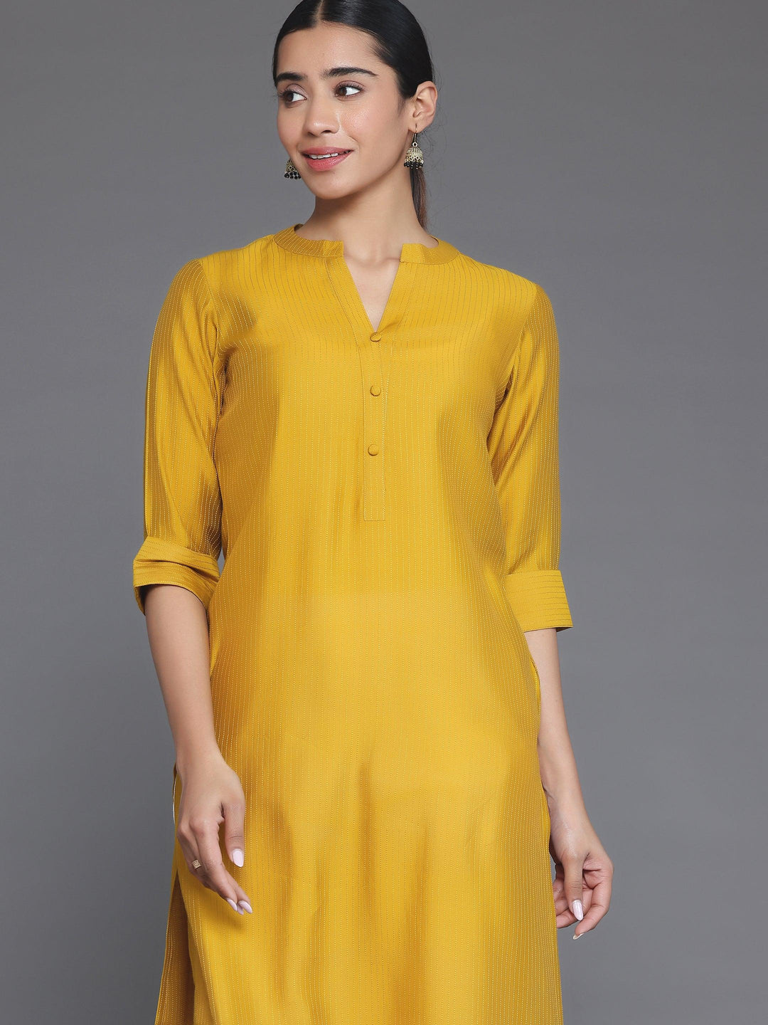 Mustard Woven Design Silk Straight Kurta - Libas 