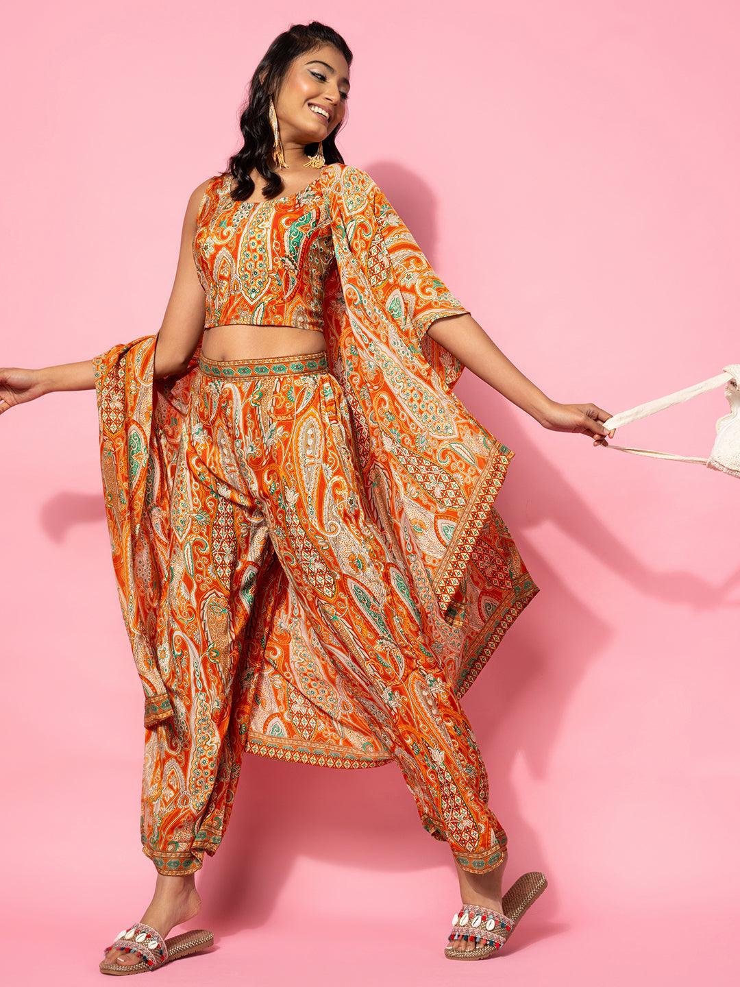 Orange Printed Silk Blend Co-Ords - Libas 