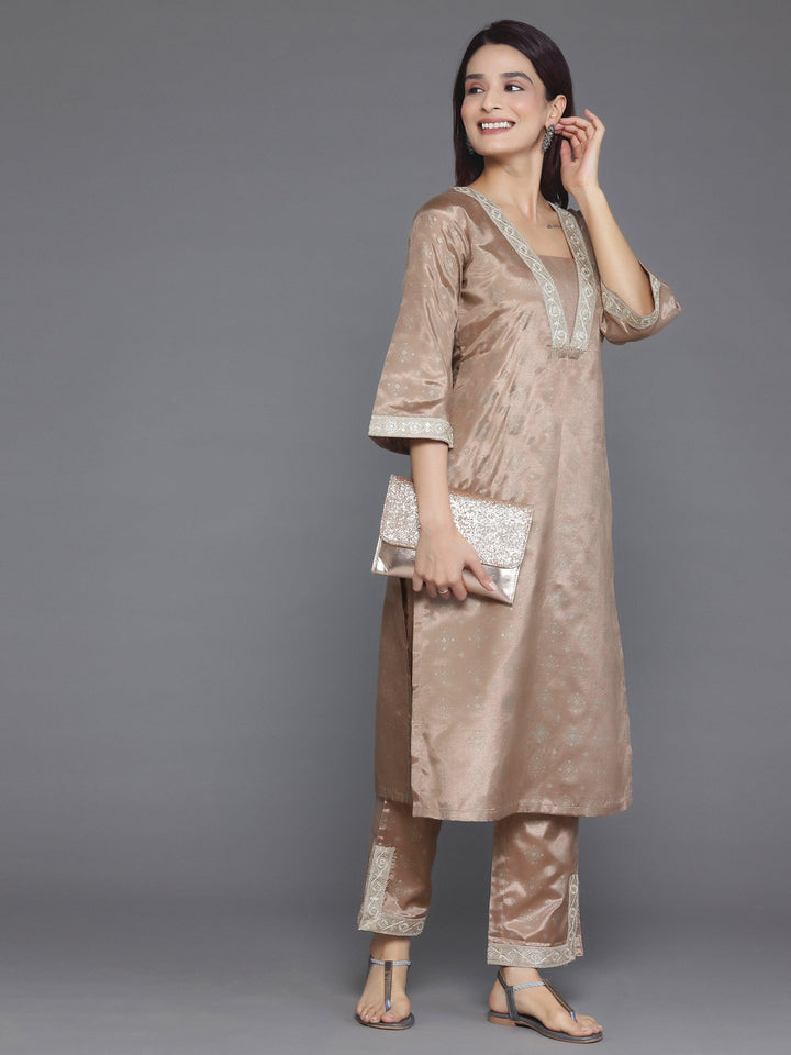 Brown Woven Design Silk Blend Straight Kurta Set - Libas