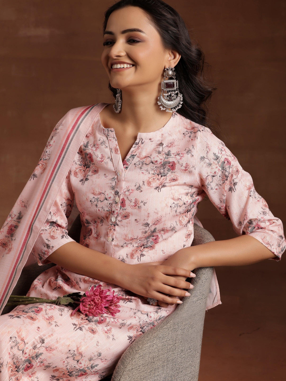 Peach Printed Cotton Straight Suit With Dupatta - Libas 