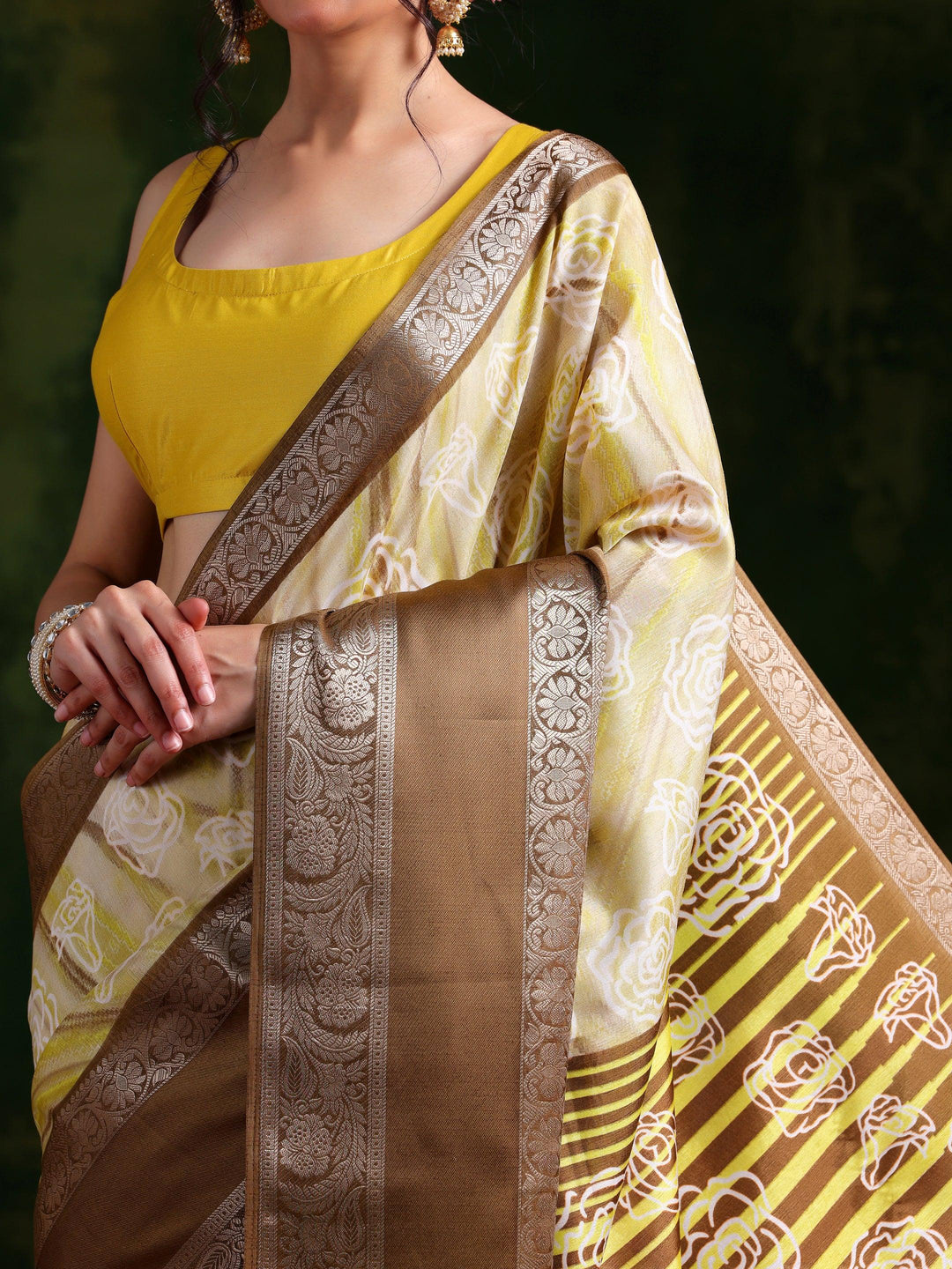 Khaki Brown Printed Silk Blend Saree With Unstitched Blouse Piece - Libas