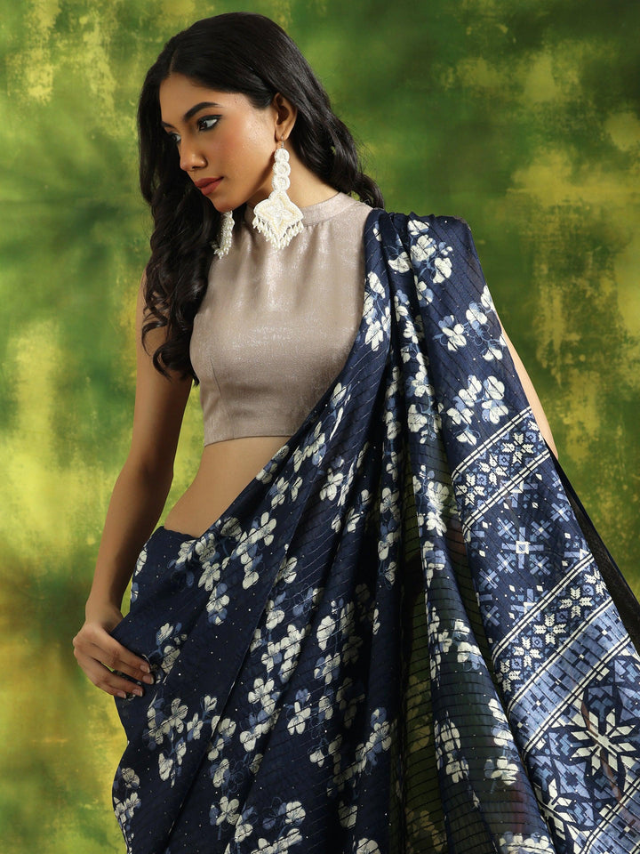 Blue Printed Silk Blend Saree With Unstitched Blouse Piece - Libas