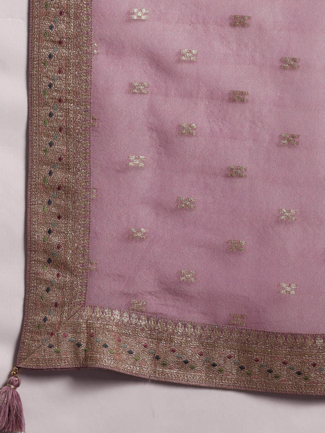 Mauve Woven Design Silk Blend Straight Kurta With Trousers & Dupatta - Libas 