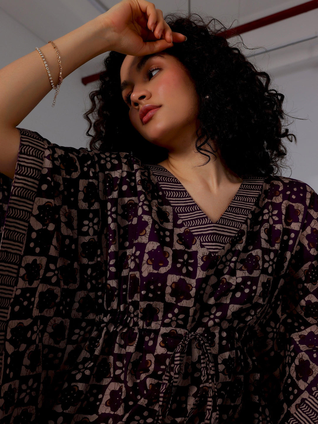 Purple Printed Cotton Kaftan Night Dress - Libas