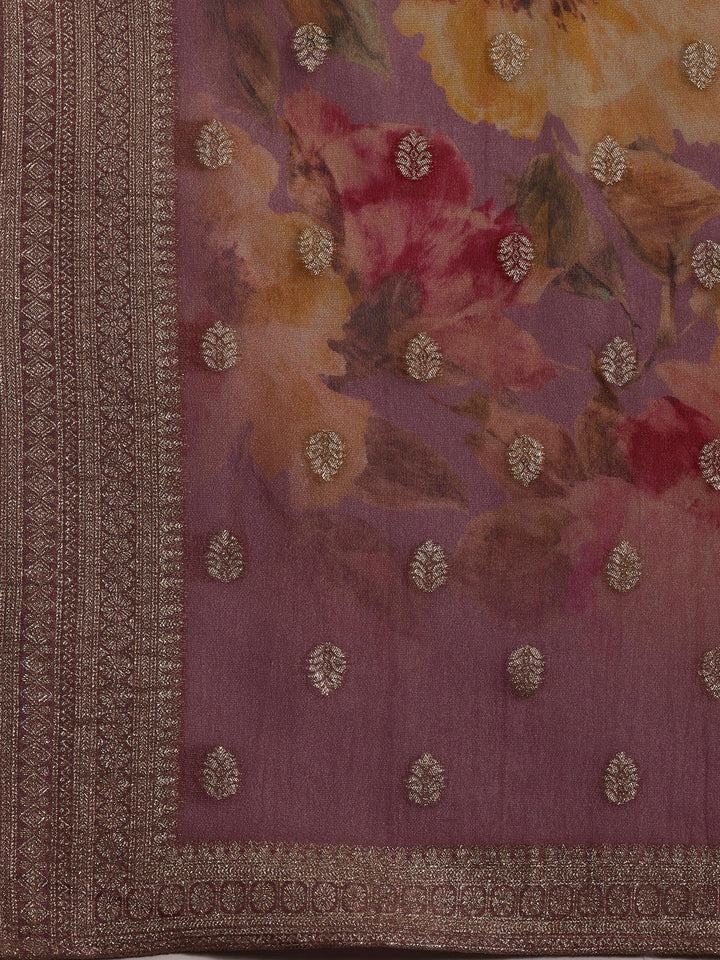 Mauve Woven Design Silk Blend Straight Kurta With Palazzos & Dupatta - Libas