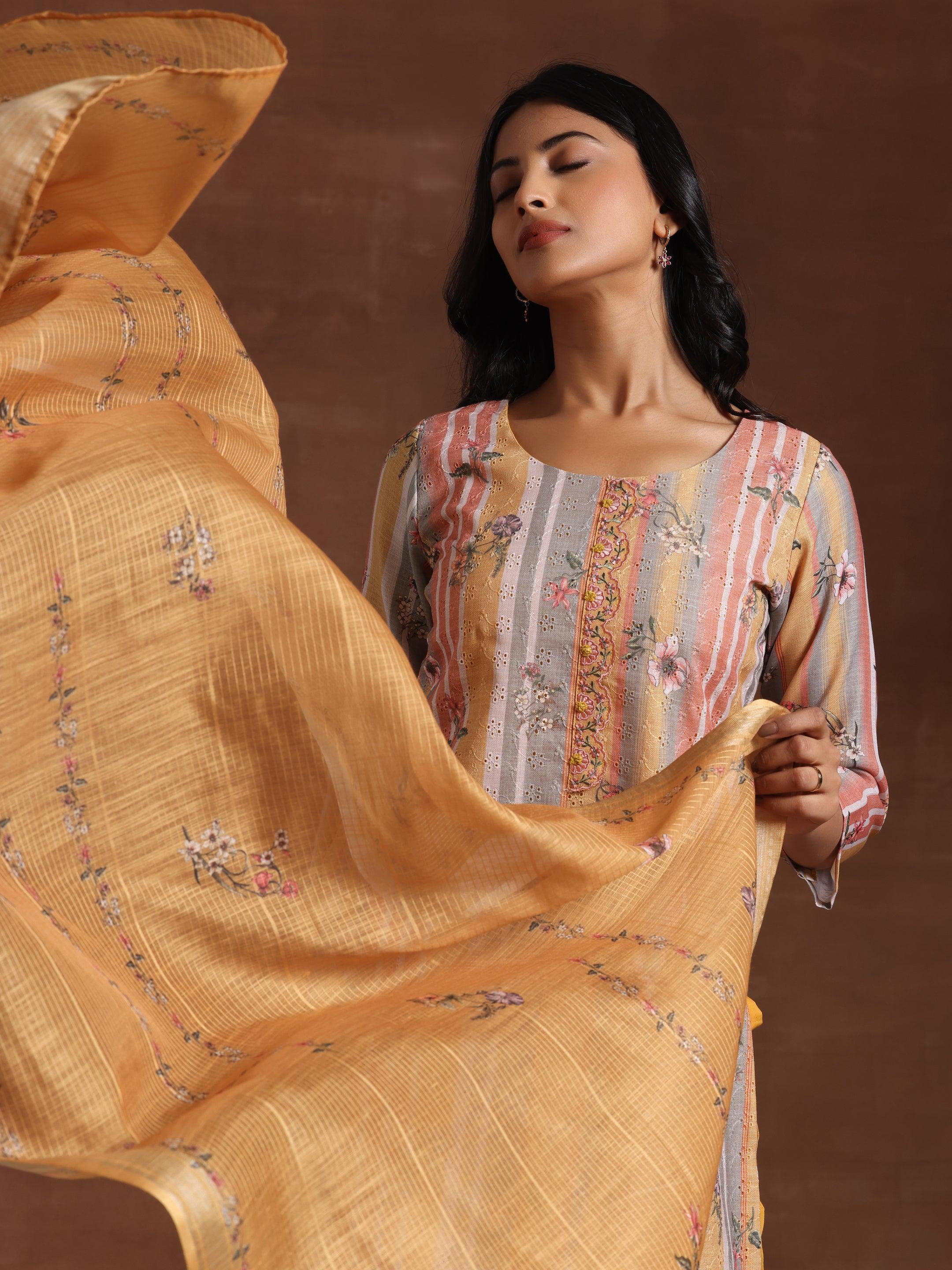 Mustard Striped Cotton Straight Suit With Dupatta