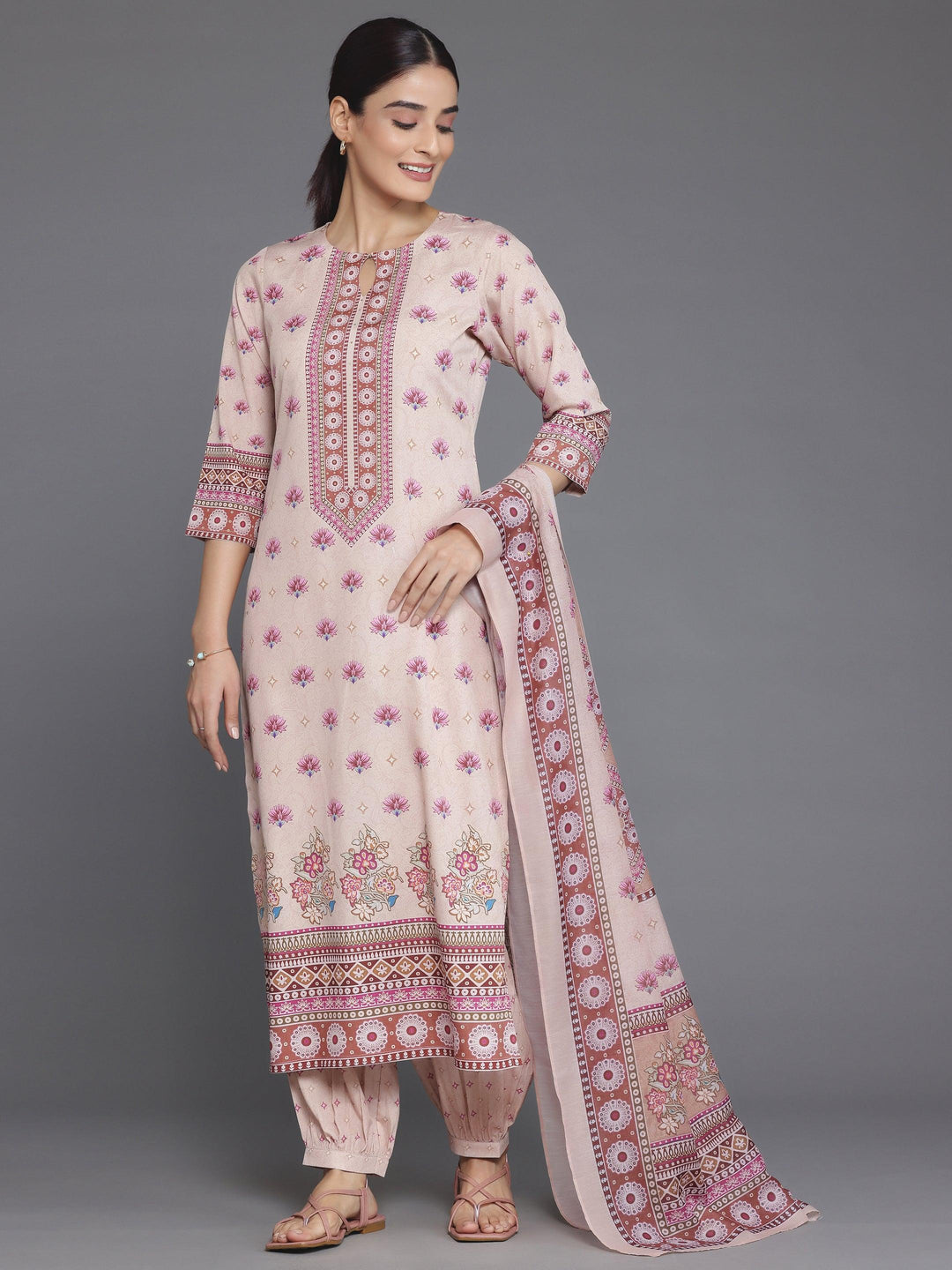 Peach Printed Poly Crepe Straight Suit With Dupatta - Libas 