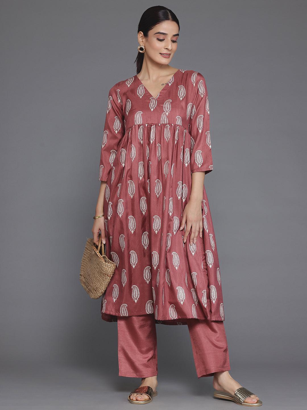 Mauve Printed Silk Blend A-Line Kurta With Trousers - Libas 