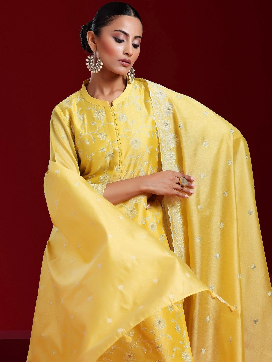 Libas Art Yellow Embroidered Chanderi Silk Straight Suit With Dupatta - Libas 