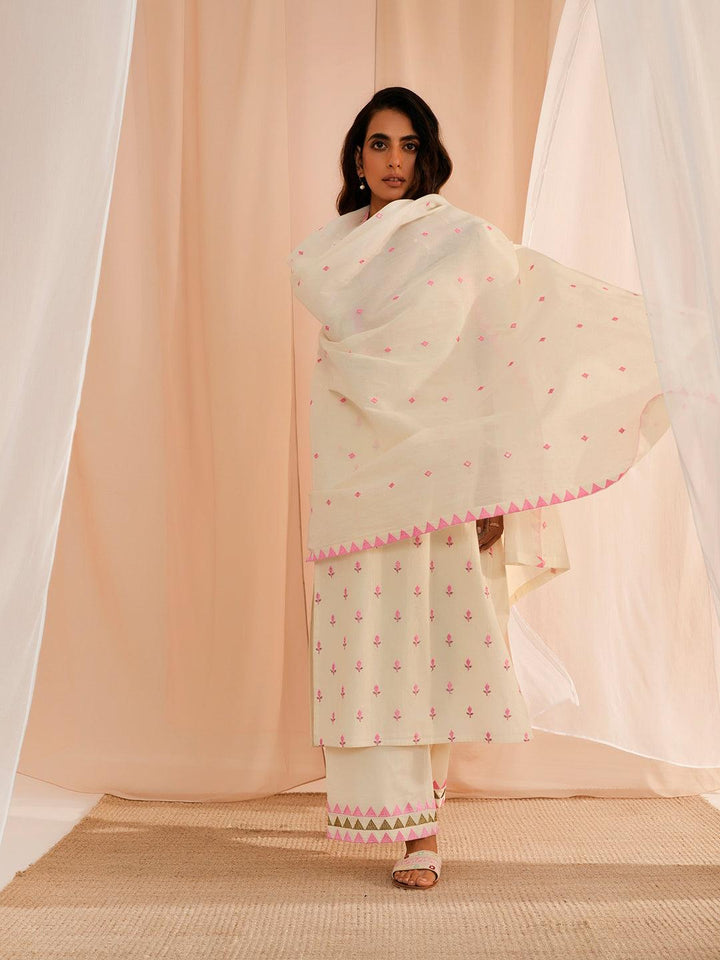 Off White Embroidered Cotton Straight Suit With Dupatta - Libas