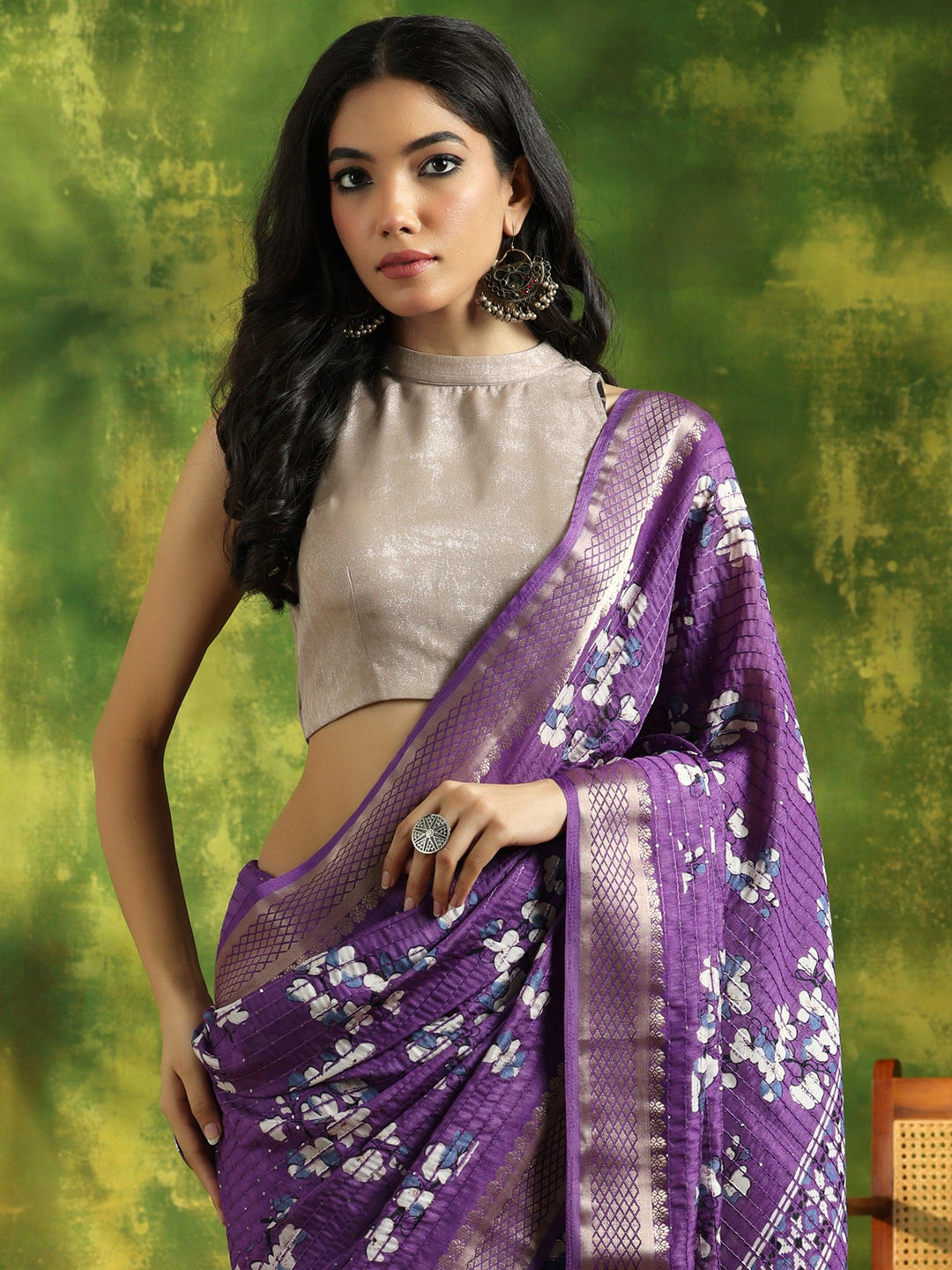 Lavender Printed Silk Blend Saree With Unstitched Blouse Piece - Libas