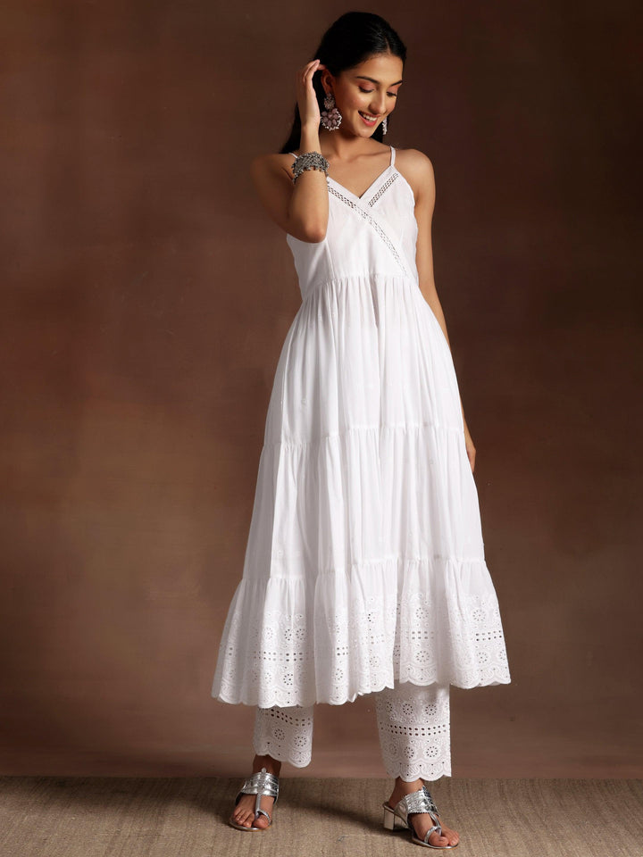 The Kiara Cut White Self Design Cotton A-Line Kurta With Trousers - Libas