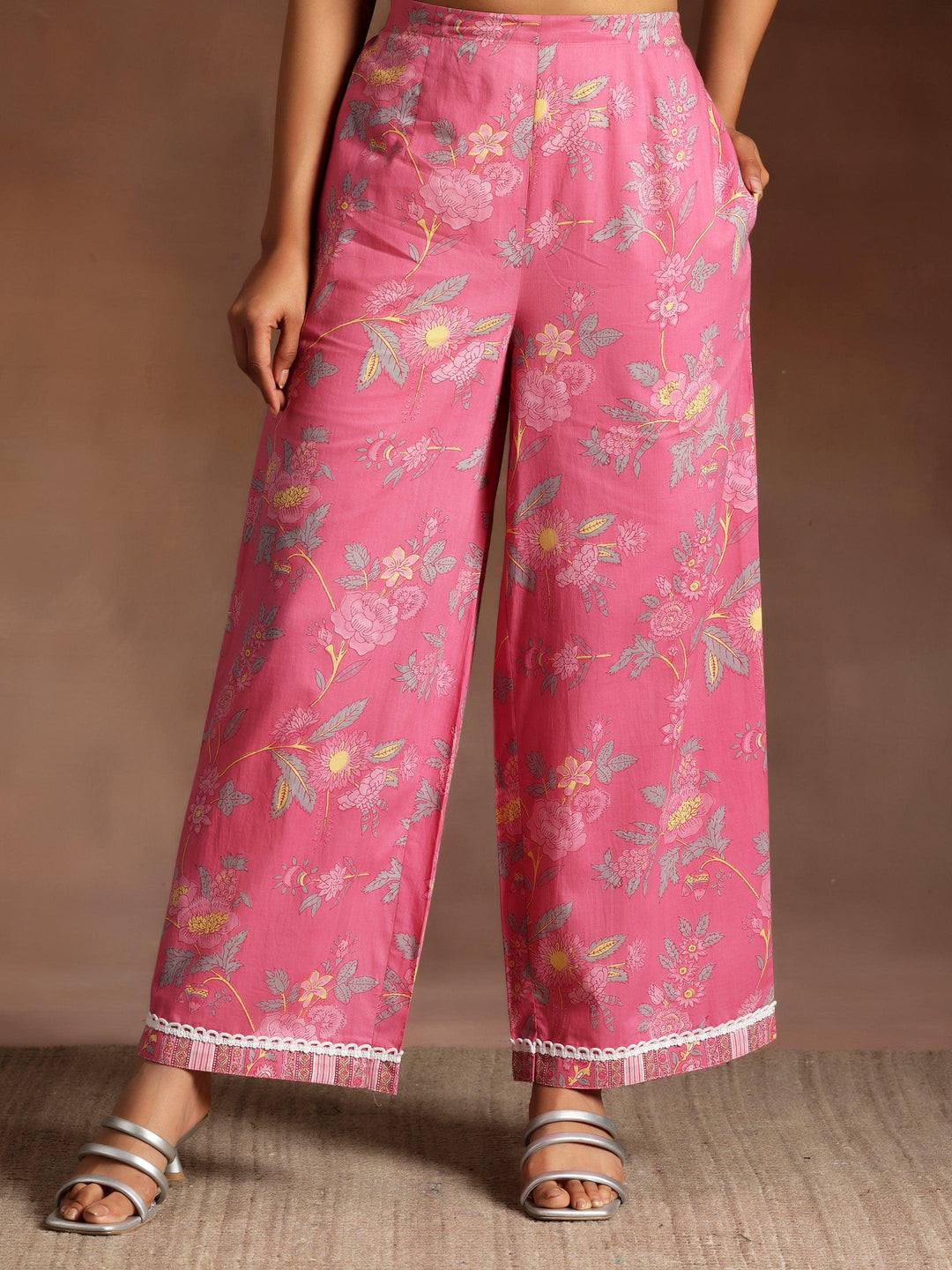 Rukhsaar Pink Printed Cotton A-Line Kurta With Palazzos - Libas 