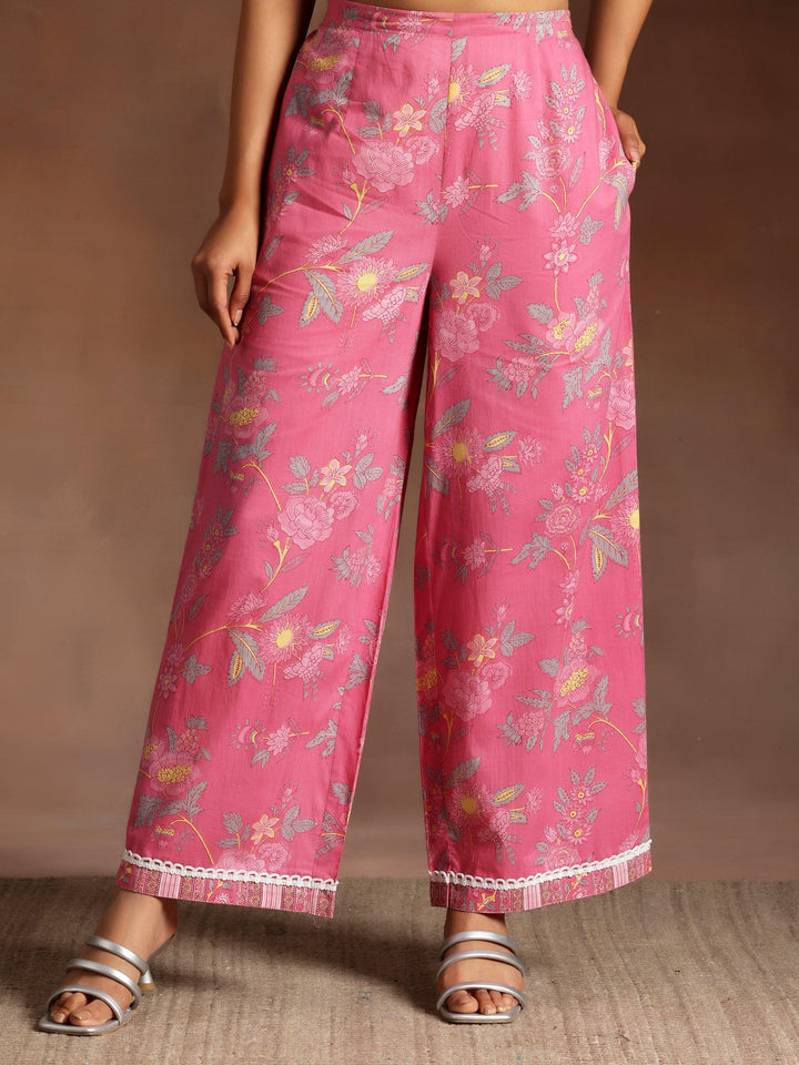 Rukhsaar Pink Printed Cotton A-Line Kurta With Palazzos - Libas