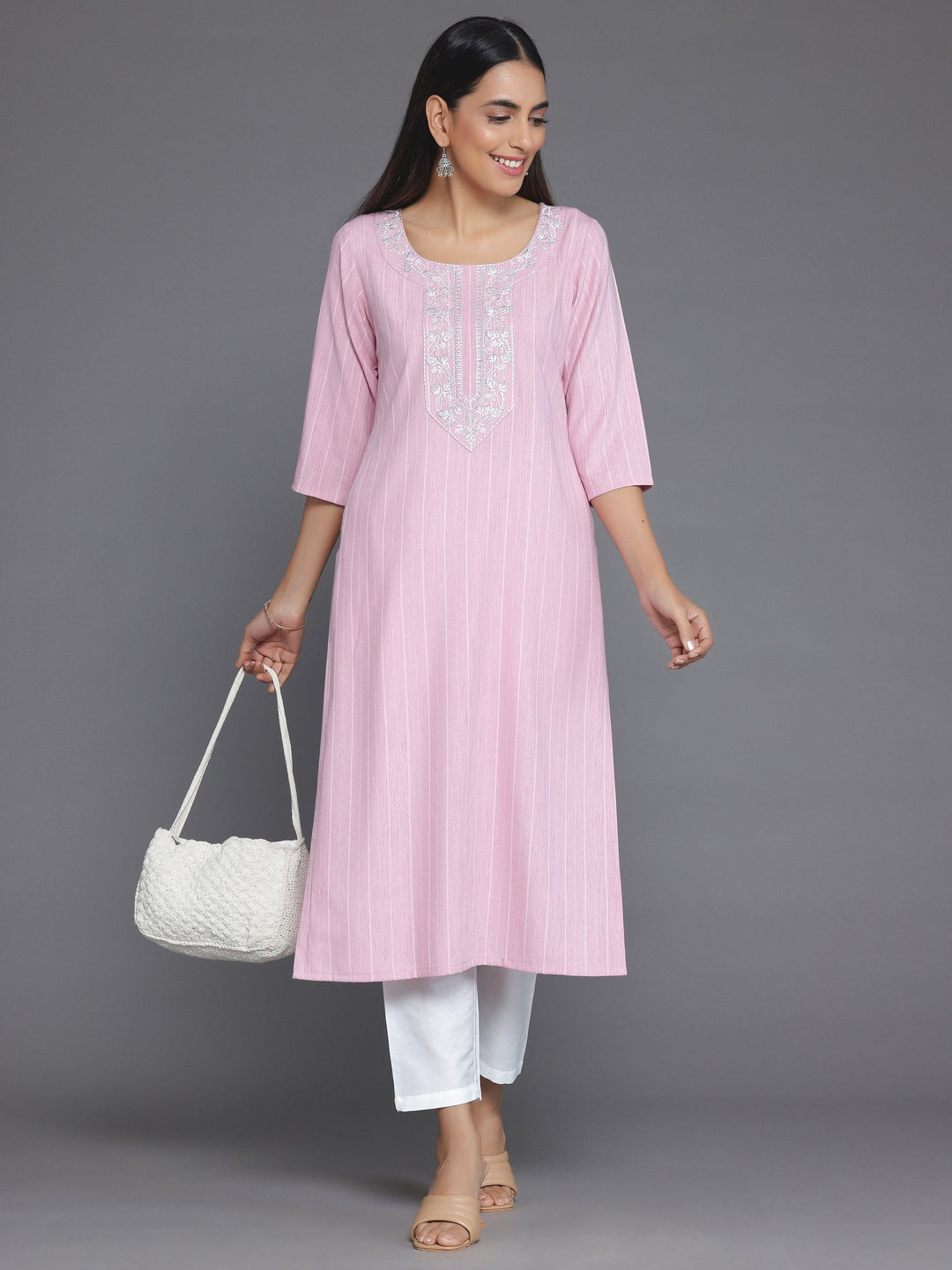 Pink Woven Design Rayon Straight Kurta - Libas