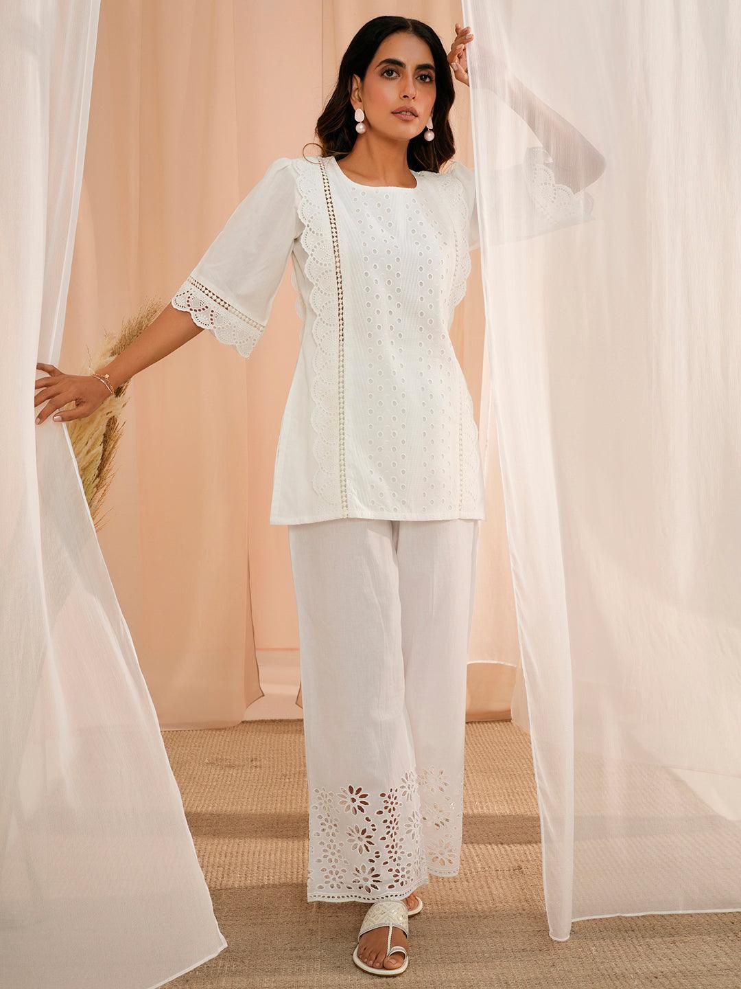 White Embroidered Cotton Straight Kurti - Libas 