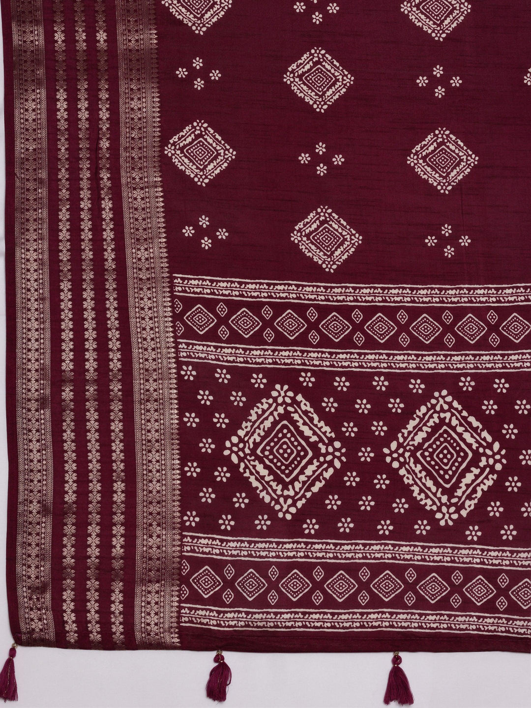 Wine Printed Silk Blend Saree With Unstitched Blouse Piece - Libas