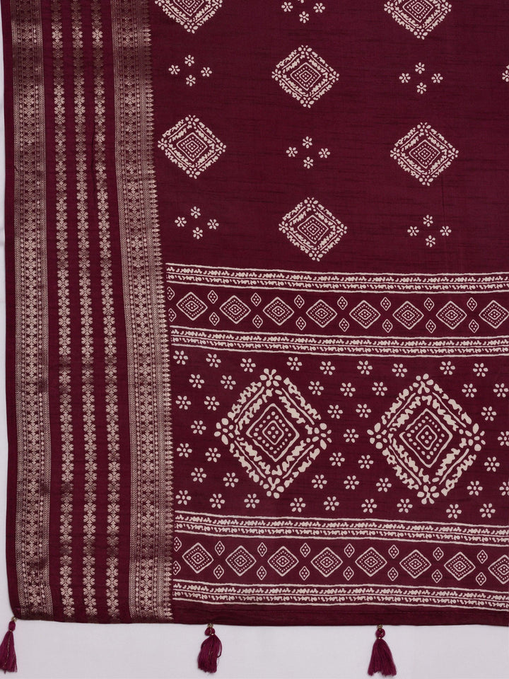 Wine Printed Silk Blend Saree With Unstitched Blouse Piece - Libas