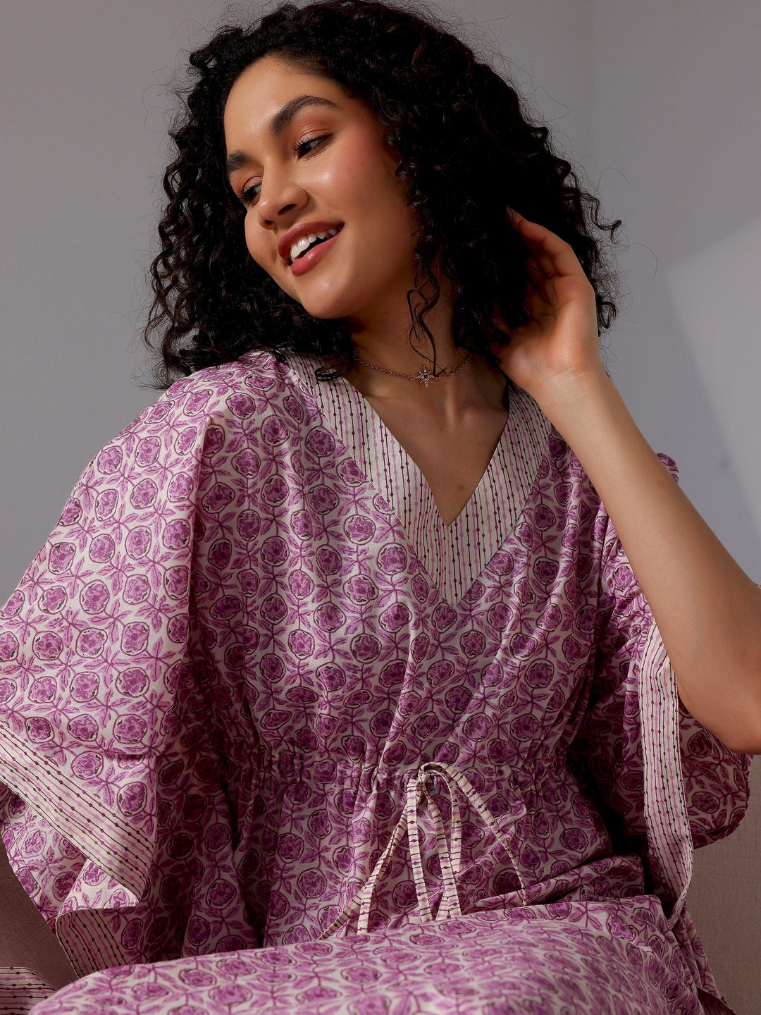 Purple Printed Cotton Kaftan Night Dress - Libas 