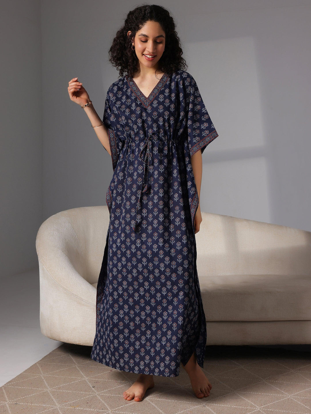 Navy Blue Printed Cotton Kaftan Night Dress - Libas 