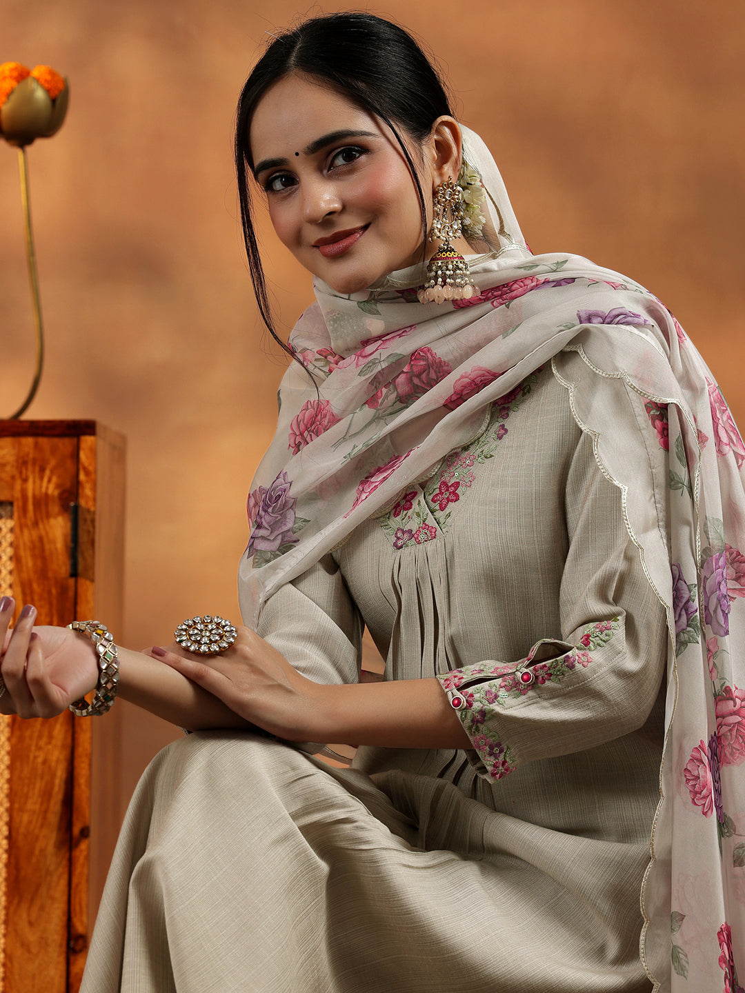  Beige Yoke Design Silk Blend Straight Suit With Dupatta 