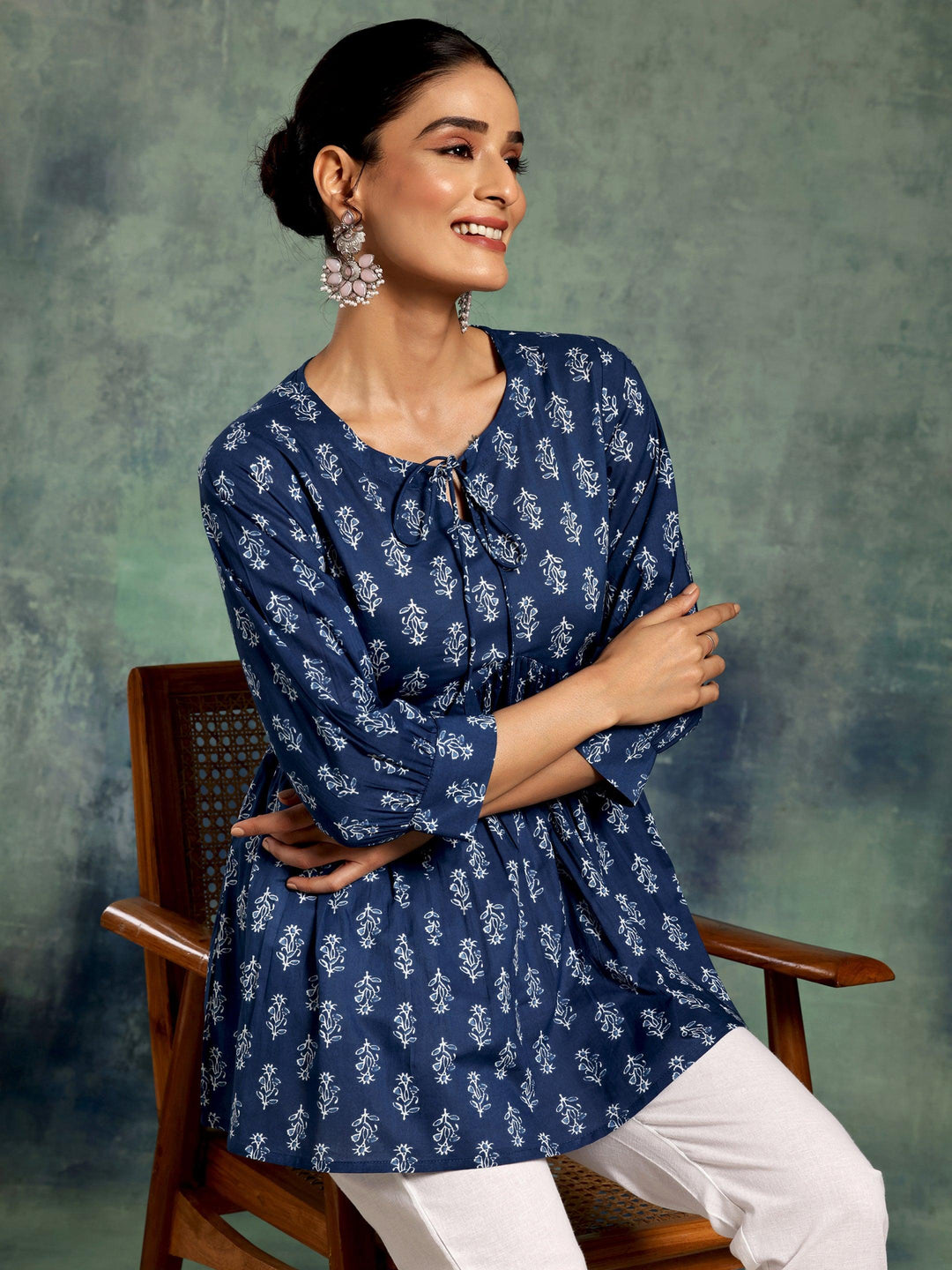 Blue Printed Cotton A-Line Kurti - Libas 