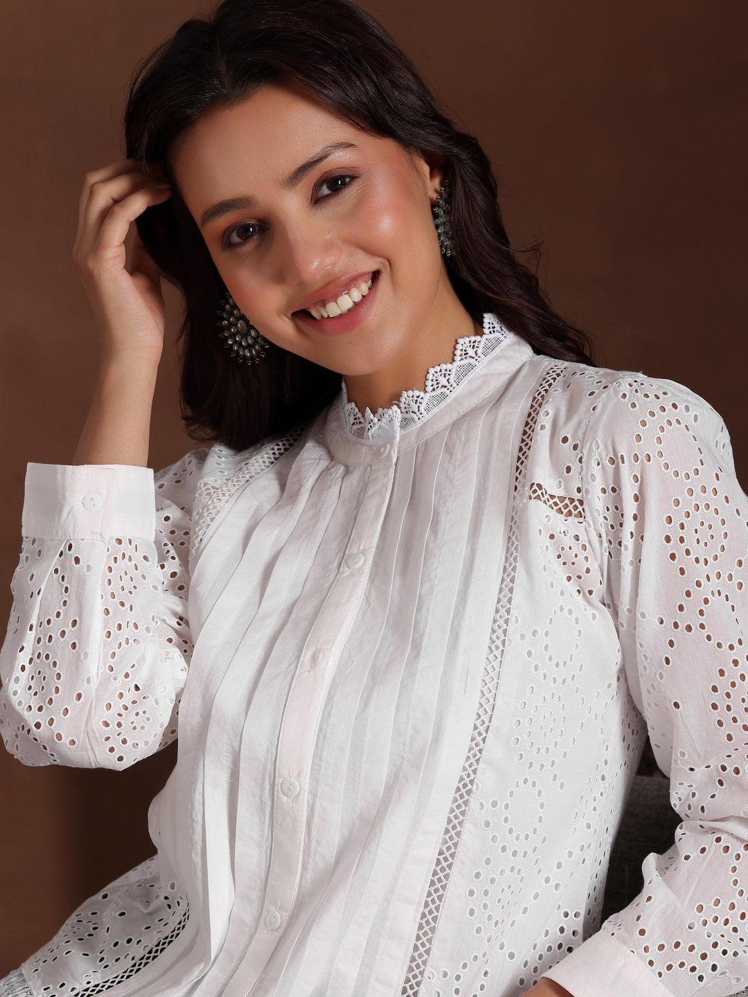 White Embroidered Cotton Straight Kurti - Libas 