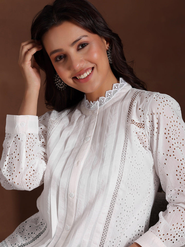 White Embroidered Cotton Straight Kurti - Libas