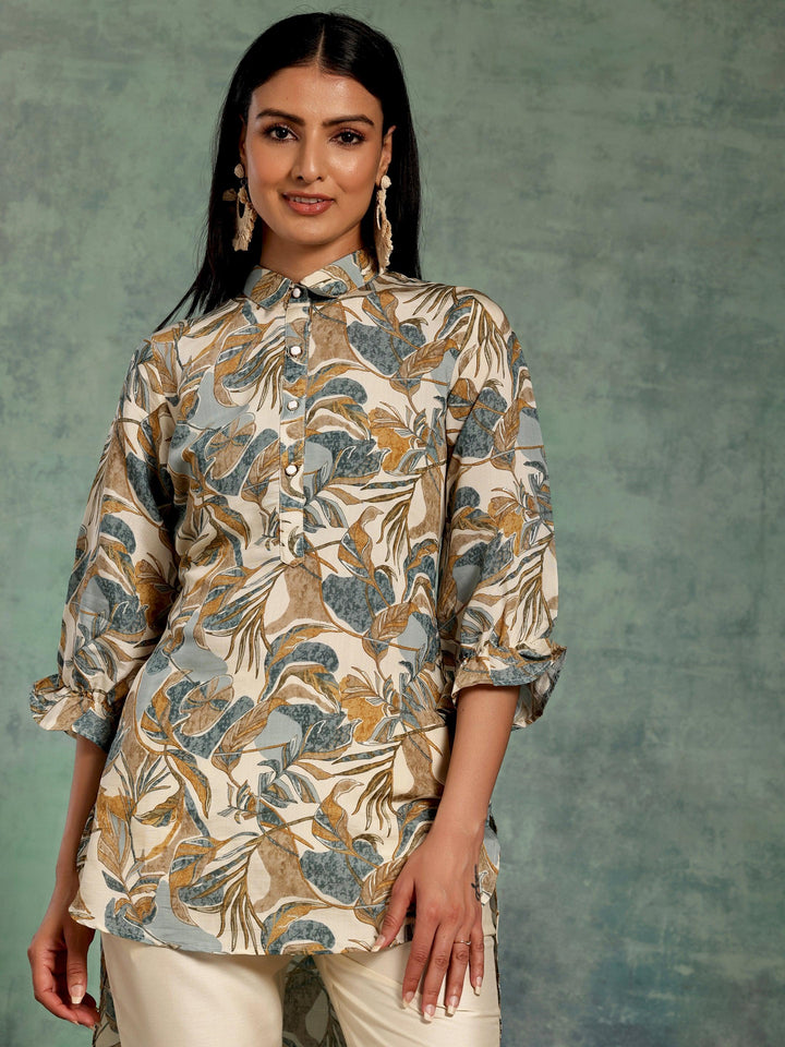 Beige Printed Silk Blend A-Line Kurti - Libas