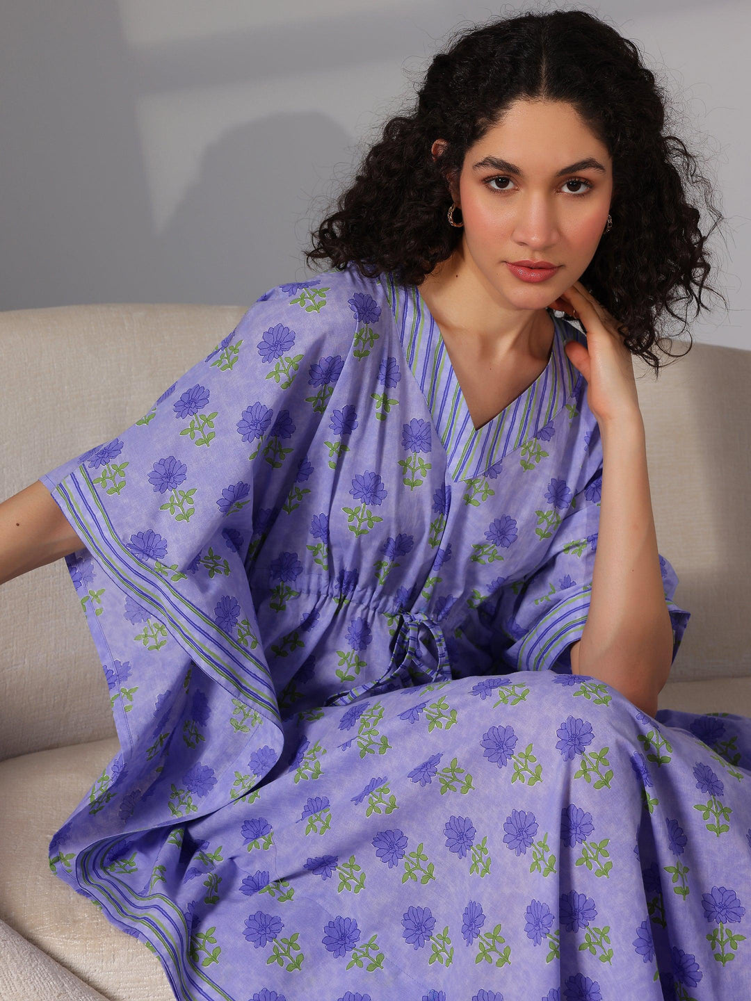 Purple Printed Cotton Kaftan Night Dress - Libas 