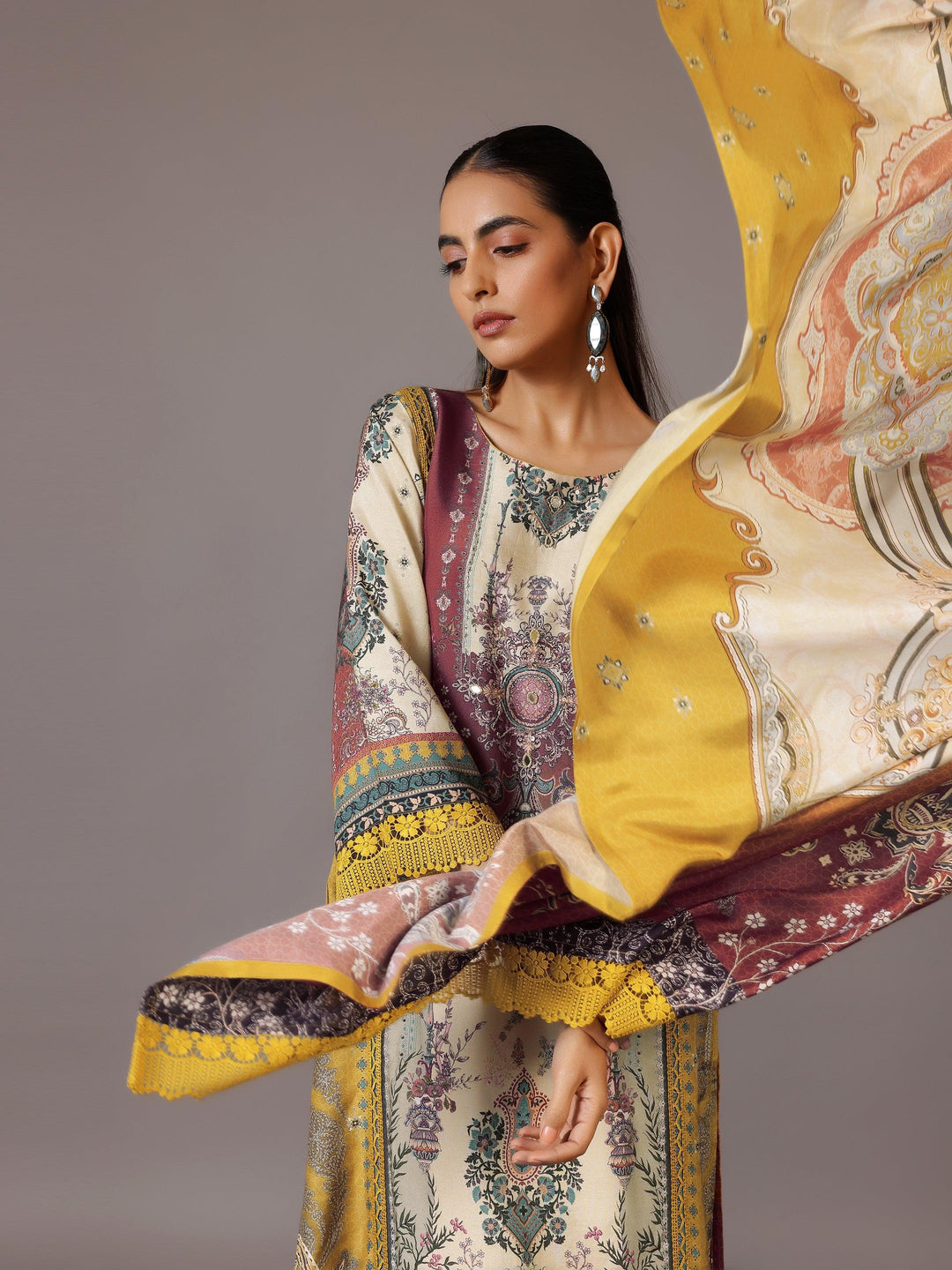 Mustard Printed Silk Blend Straight Suit With Dupatta - Libas