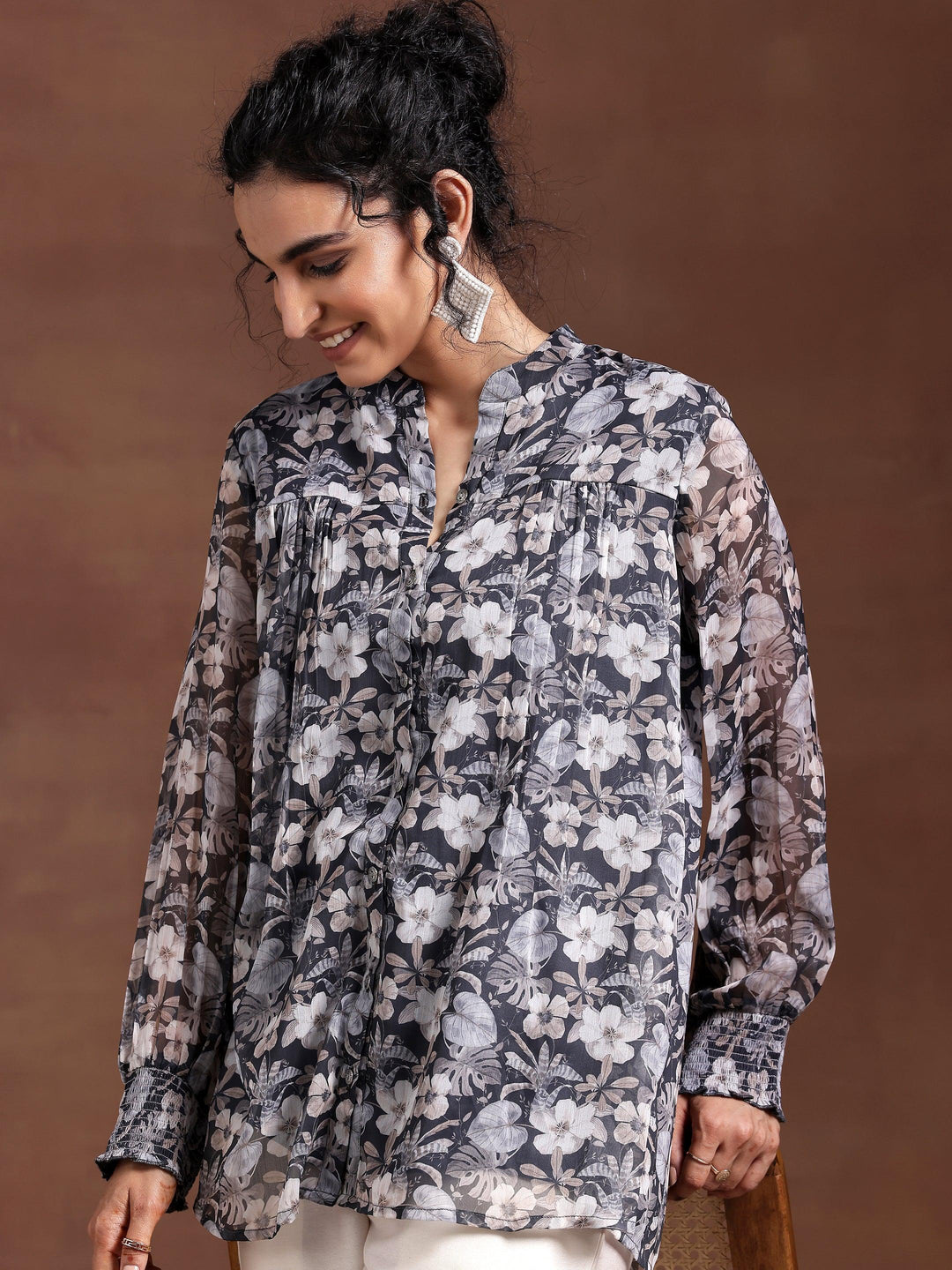 Grey Printed Chiffon A-Line Kurti - Libas 