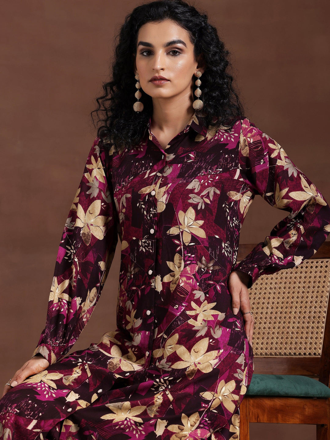 Wine Printed Silk Blend Co-Ords - Libas 