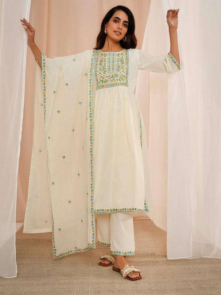 Off White Yoke Design Cotton A-Line Kurta With Palazzos & Dupatta - Libas