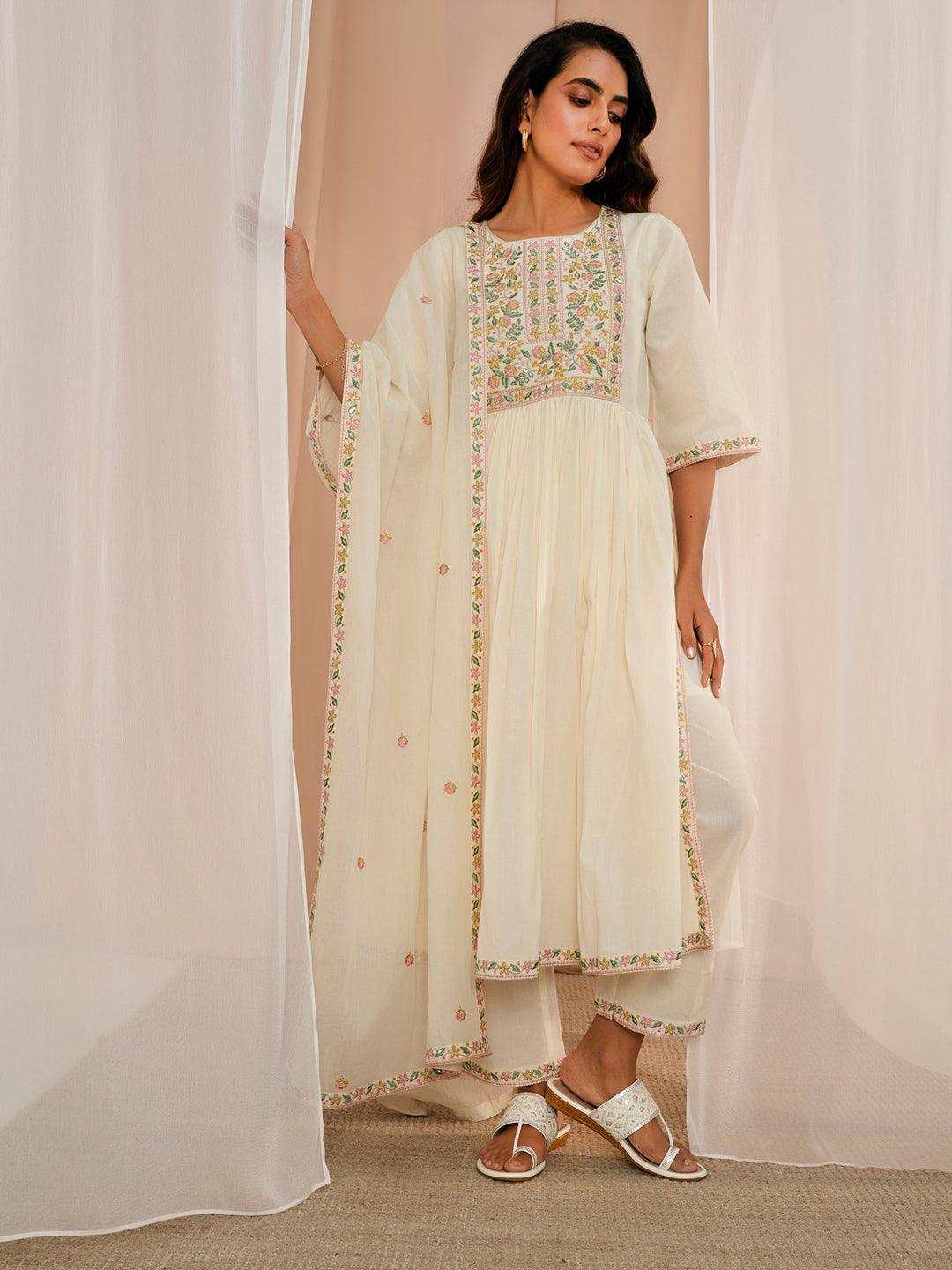 Off White Yoke Design Cotton A-Line Kurta With Palazzos & Dupatta - Libas 